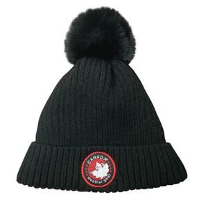 Canada Weather Gear Women's Black Rib Knit Pom Pom Logo Patch Beanie Cap Hat OS